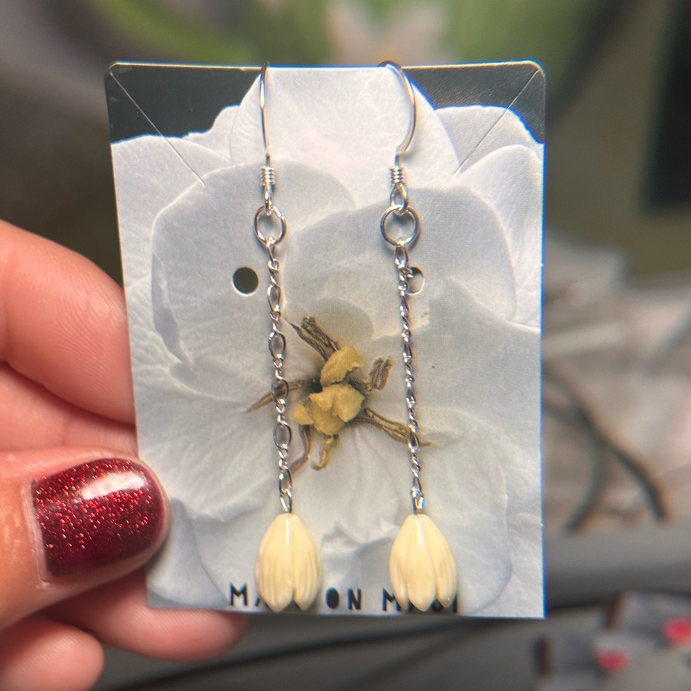 Handmade Ivory Pikake Flower Earrings Dangle Sterling Silver Boho Chic